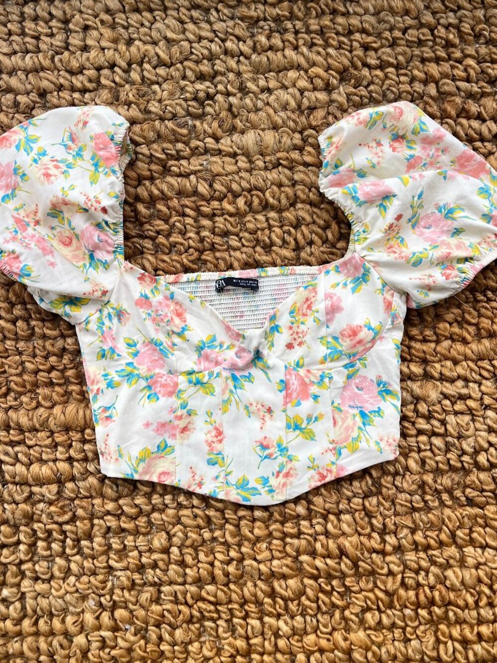 Zara Cream and Peach Floral Puff Sleeve Corset Crop Top S